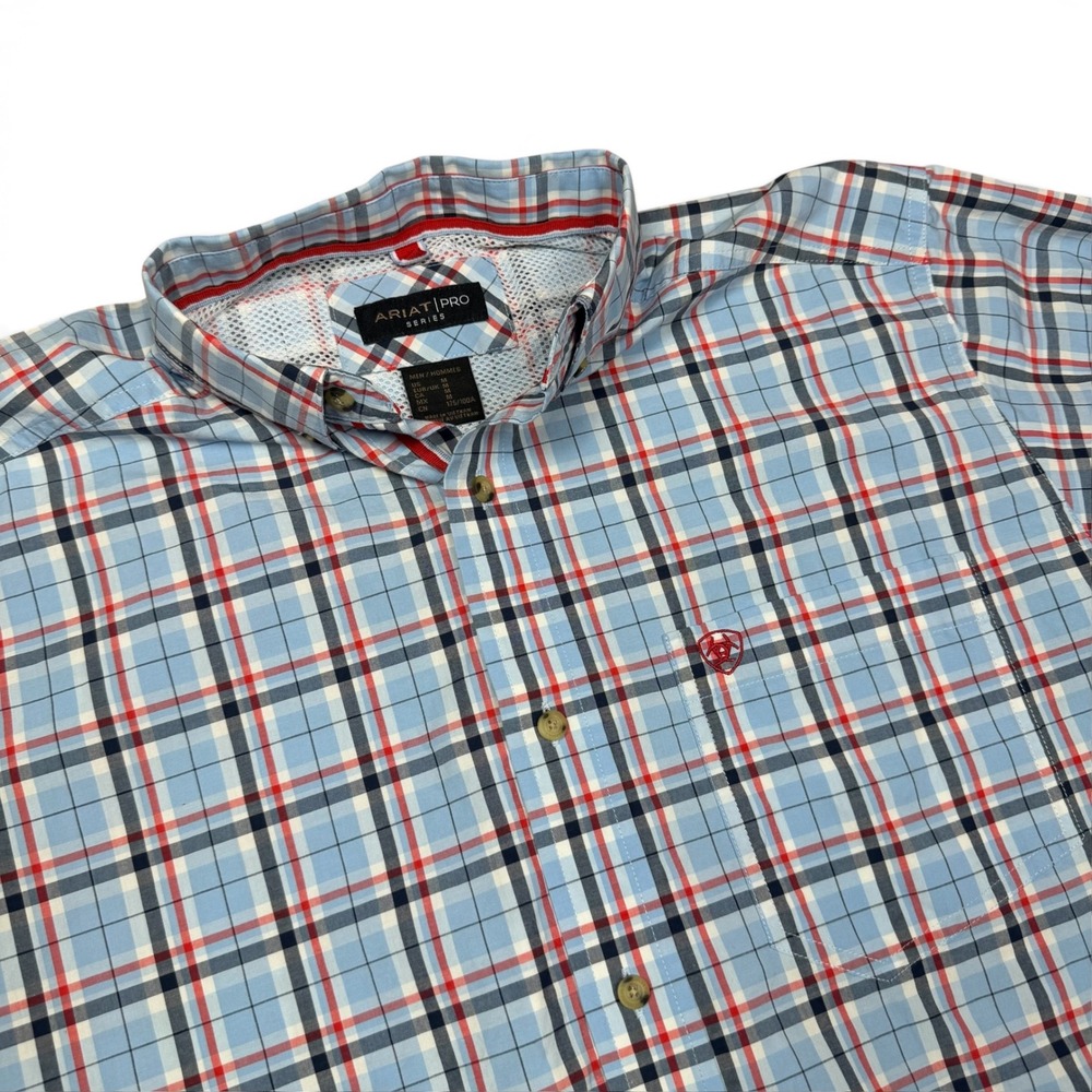 Ariat Pro Series Mens Medium Blue Red Plaid Short Sleeve Western Button Down